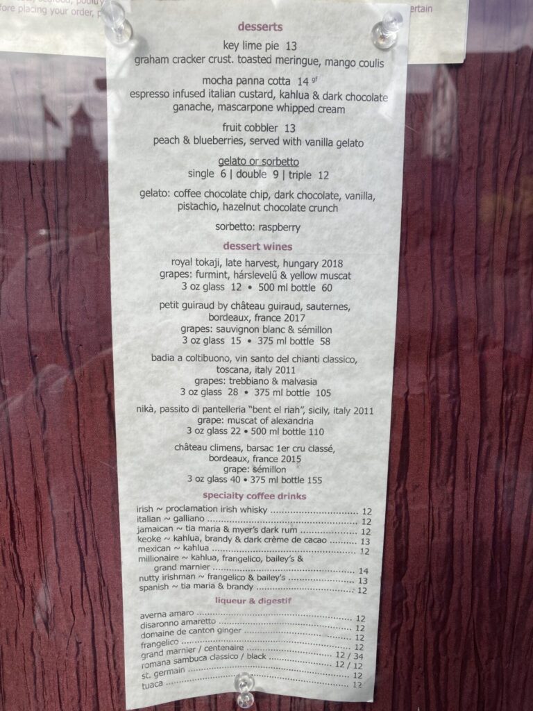 The Mews menu