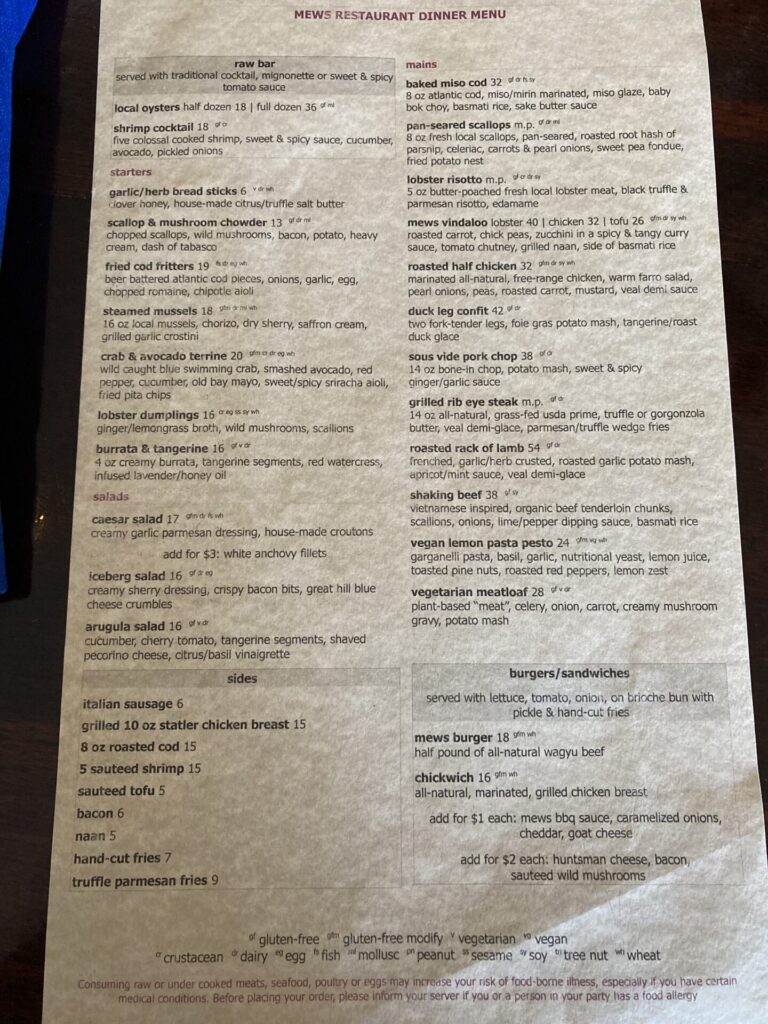 The Mews menu